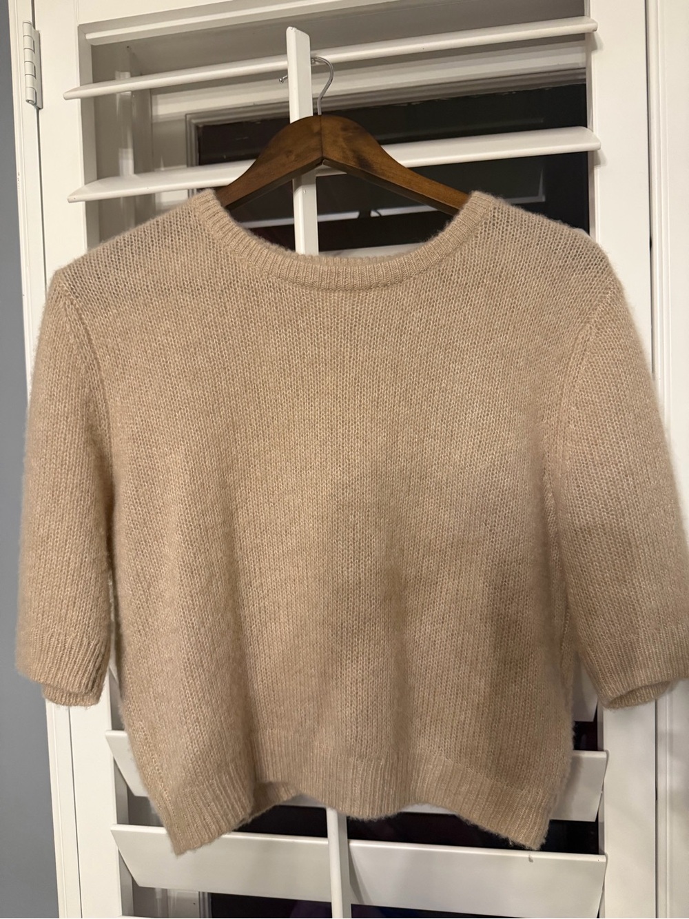 Neutral Beige Short-Sleeve Crewneck Cashmere Sweater